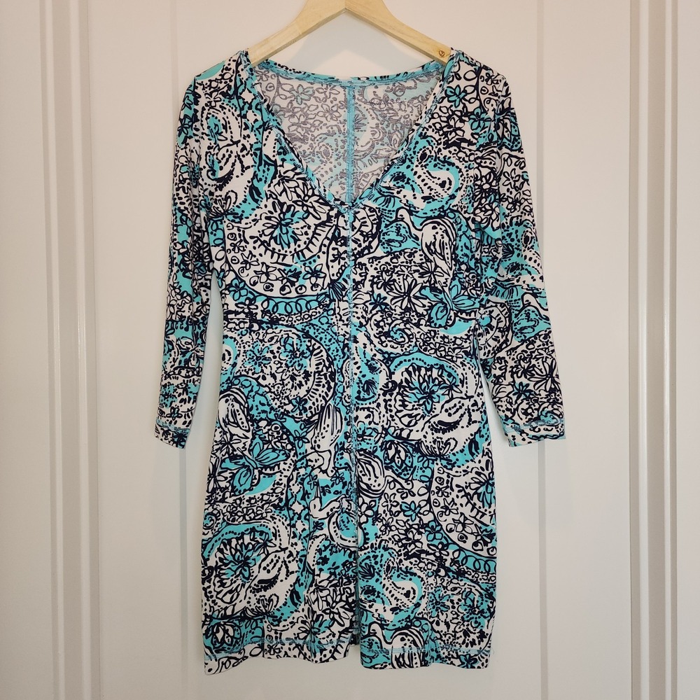 Lilly Pulitzer‎ Juliet Dress S Blue Hippy Hippy Shake 3/4 Sleeve Resort Cruise